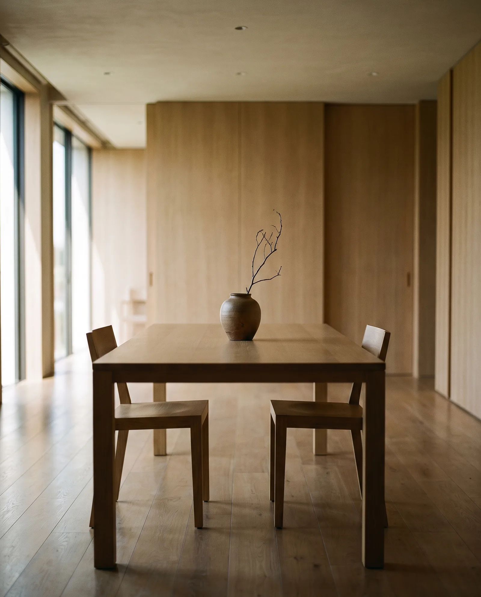 Sala de reuniones serena de una agencia boutique, piedra y madera bajo luz natural