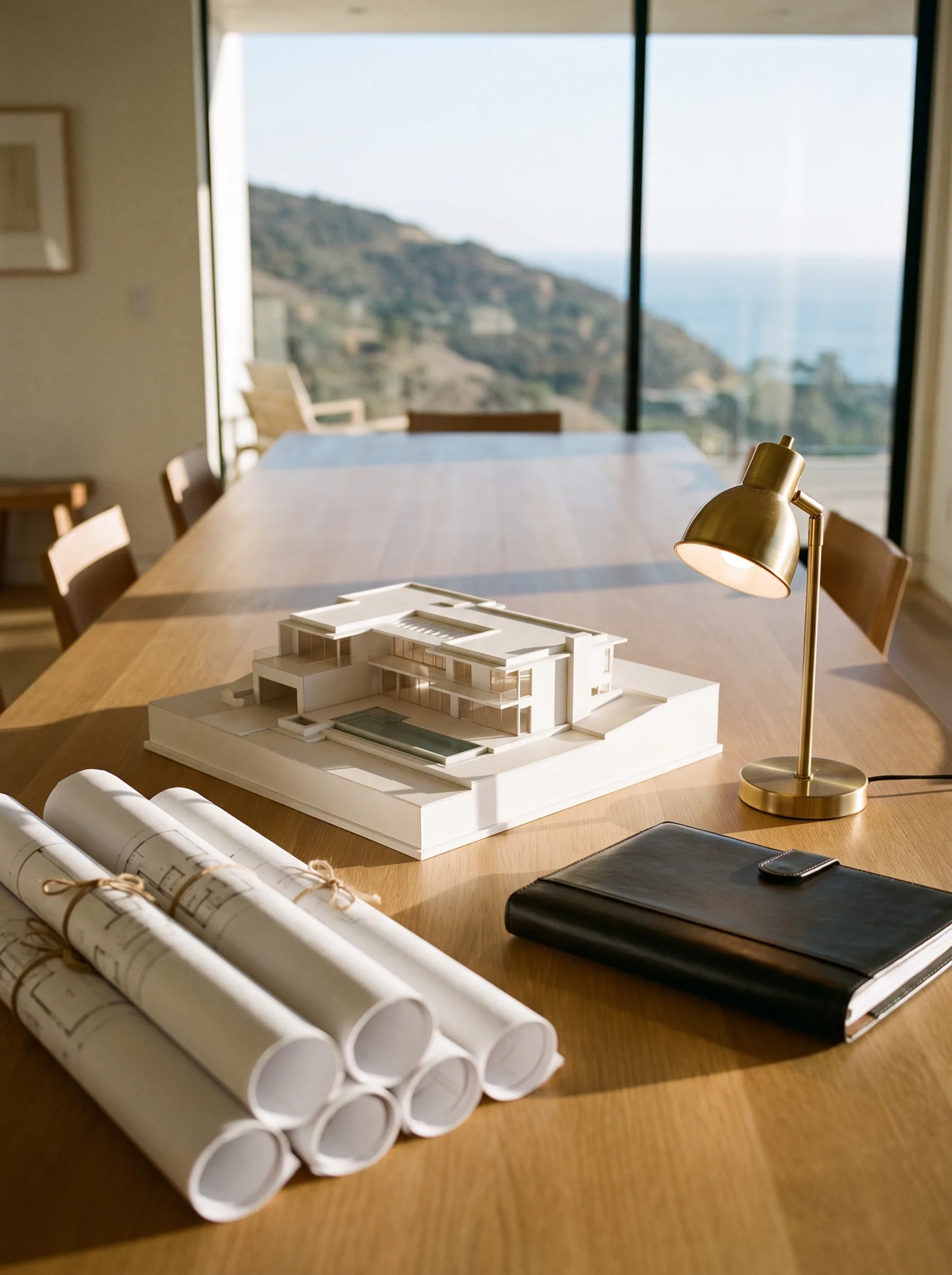 Mesa de estudio de inversión con maqueta arquitectónica de una villa, planos enrollados, dossier de cuero y lámpara de latón ante un ventanal costero